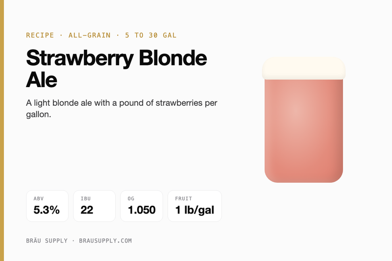 Strawberry Blonde Ale recipe card: 5.3% ABV, 22 IBU