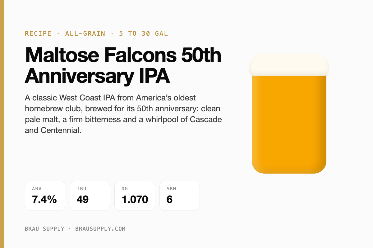Maltose Falcons 50th Anniversary IPA recipe card: 7.4% ABV, 49 IBU