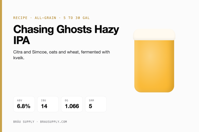 Chasing Ghosts Hazy IPA recipe card: 6.8% ABV, 14 IBU