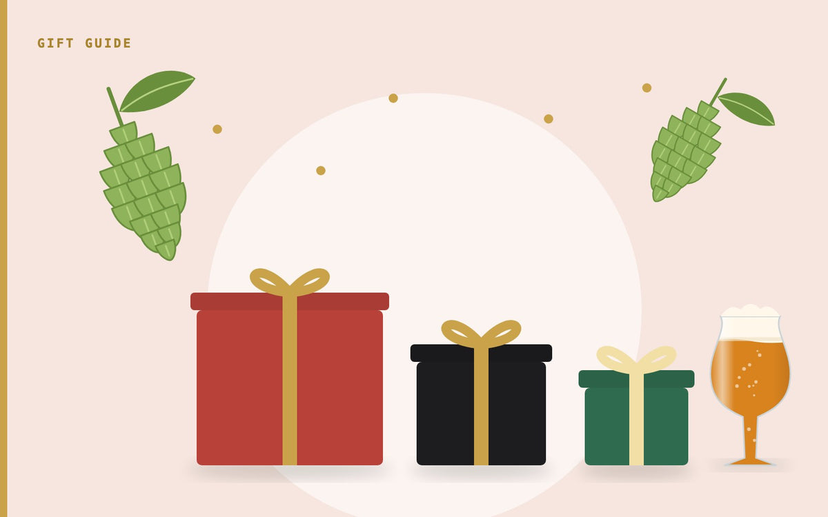 Wrapped gifts and a glass of beer