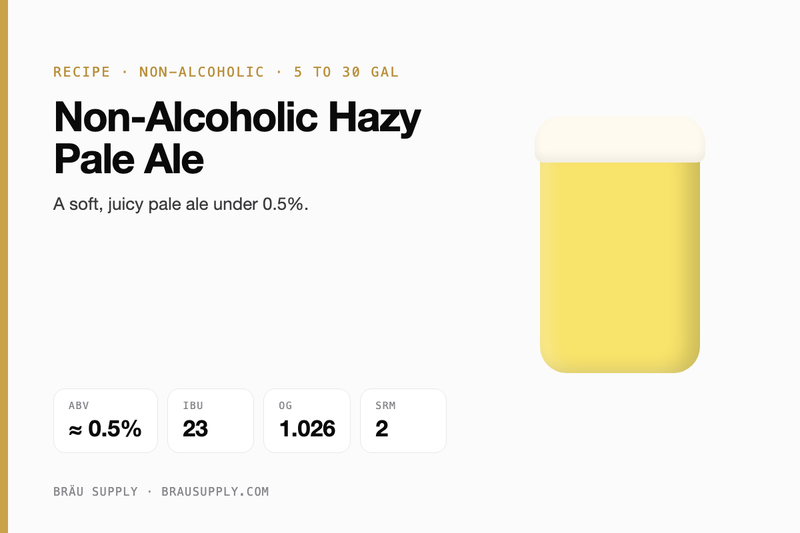 Non-Alcoholic Hazy Pale Ale recipe: about 0.5% ABV, 23 IBU