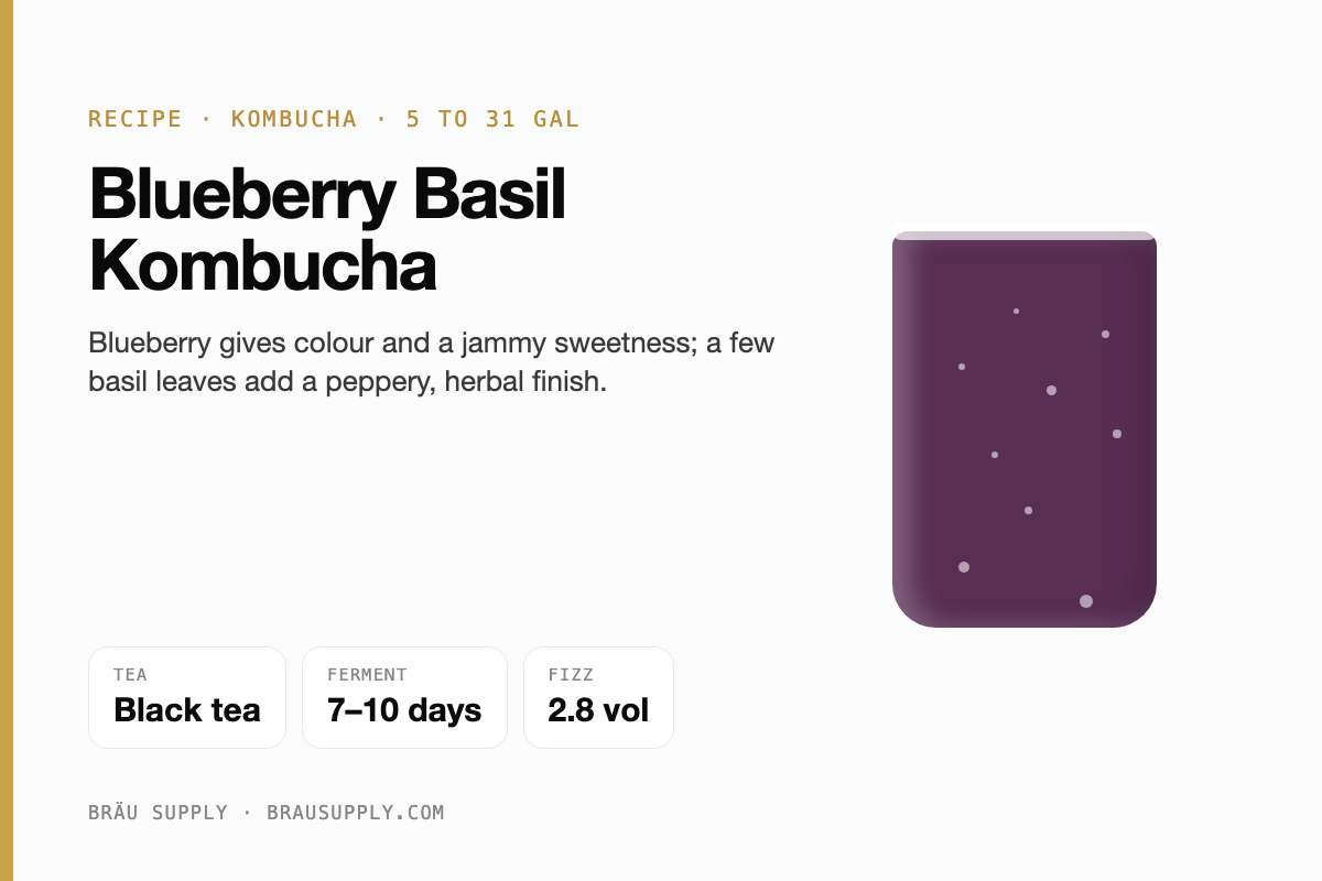 Blueberry Basil Kombucha recipe: black tea, 5 to 31 gallons