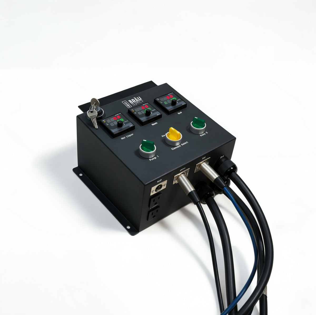 A black industrial control panel with multiple switches, green and yellow buttons, a key, and attached cables, photographed on a clean white background.