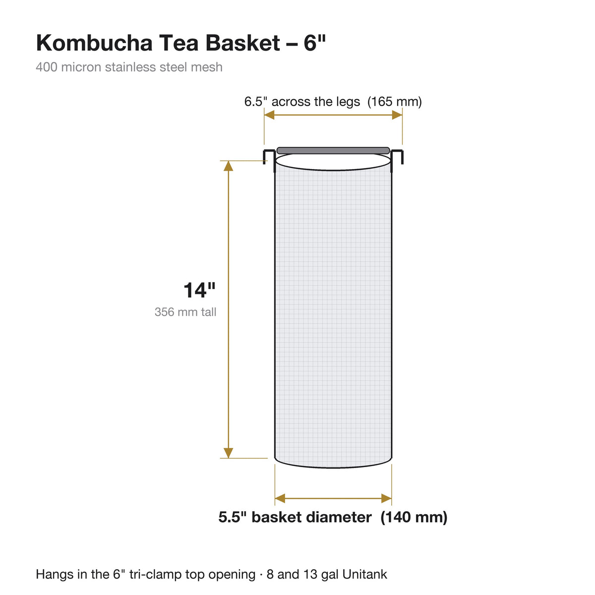 Panier à thé pour kombucha de 6 po : 14 po de haut, panier de 5,5 po de diamètre, 6,5 po d’une patte à l’autre, maille inox de 400 microns