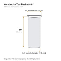 Panier à thé pour kombucha de 6 po : 14 po de haut, panier de 5,5 po de diamètre, 6,5 po d’une patte à l’autre, maille inox de 400 microns