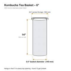 Kombucha tea basket, 6 inch: 14 inches tall, 5.5 inch basket diameter, 6.5 inches across the hanging legs, 400 micron stainless mesh
