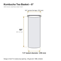 Panier à thé pour kombucha de 8 po : 19 po de haut, panier de 7,5 po de diamètre, 8,5 po d’une patte à l’autre, maille inox de 400 microns