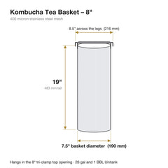 Panier à thé pour kombucha de 8 po : 19 po de haut, panier de 7,5 po de diamètre, 8,5 po d’une patte à l’autre, maille inox de 400 microns